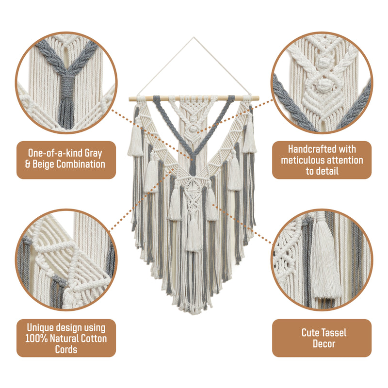 Macrame Wall Hanging - Multi-Tassel Design (Gray)